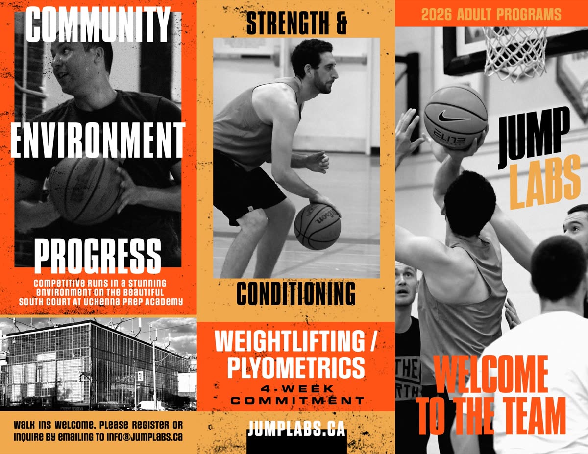 Jump Labs 2026 Adult Programs brochure - outside spread: Community Environment Progress, Strength & Conditioning, Welcome to the Team